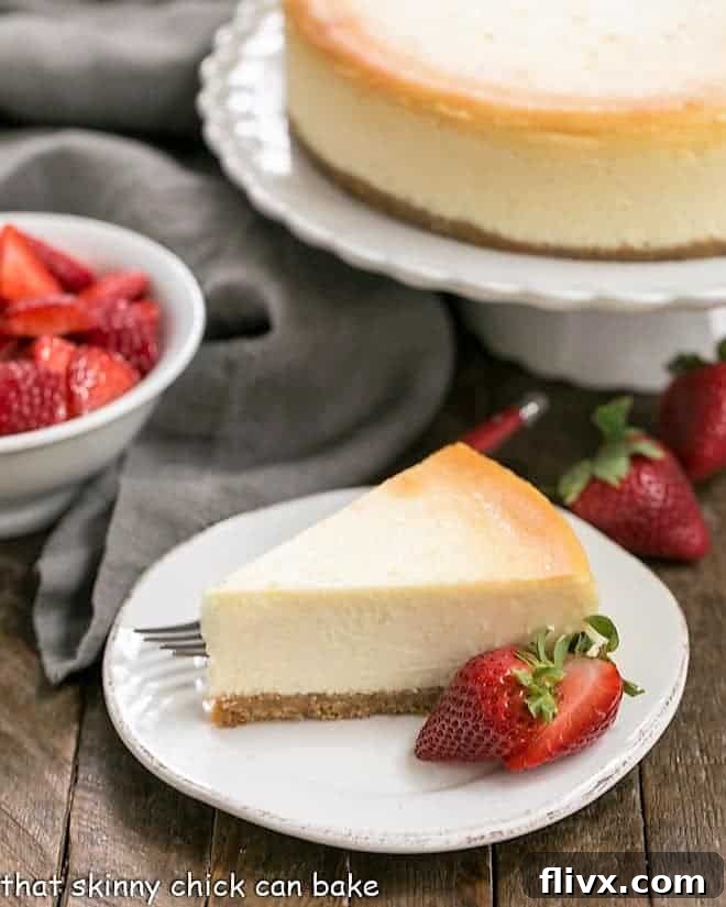 A beautifully presented slice of perfect vanilla cheesecake, garnished with a vibrant red strawberry.