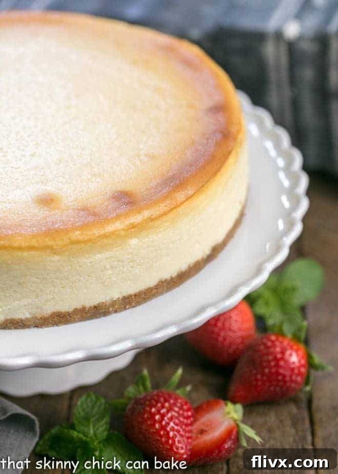 A perfectly baked vanilla cheesecake showcased on a elegant white ceramic cake stand, ready to be sliced.