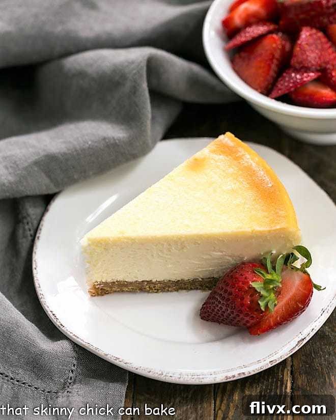 A pristine slice of perfect vanilla cheesecake, elegantly plated with fresh strawberries, ready to be savored.
