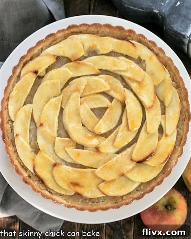 Overhead view of a beautiful French Apple Tart with a golden crust and perfectly arranged apple slices.