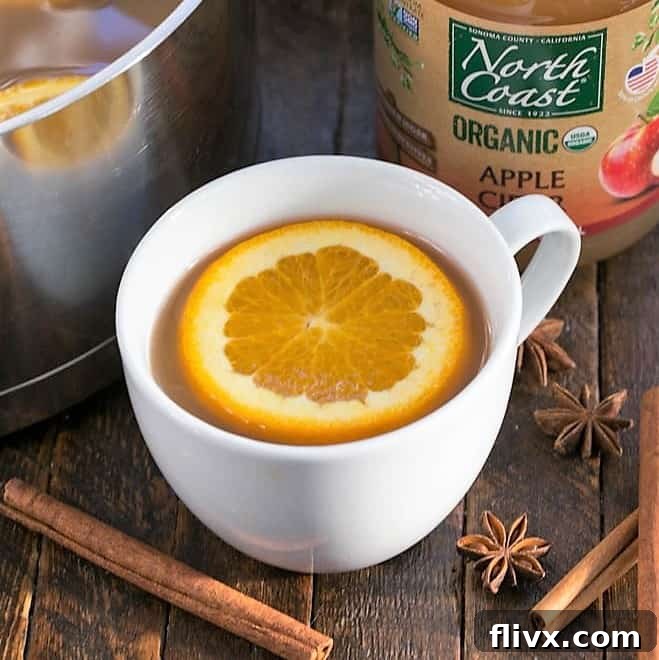 Mulled Apple Cider with orange slices and cinnamon sticks, perfect for chilly nights.