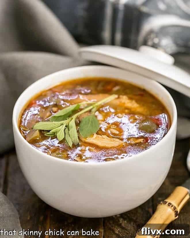 A bowl of rich, spicy Sausage and Chicken Gumbo garnished with green onions, served with a bamboo spoon