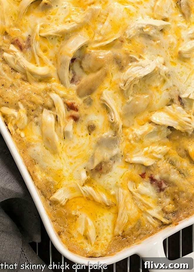 A 9x13 baking dish filled with homemade King Ranch Casserole, ready for serving.