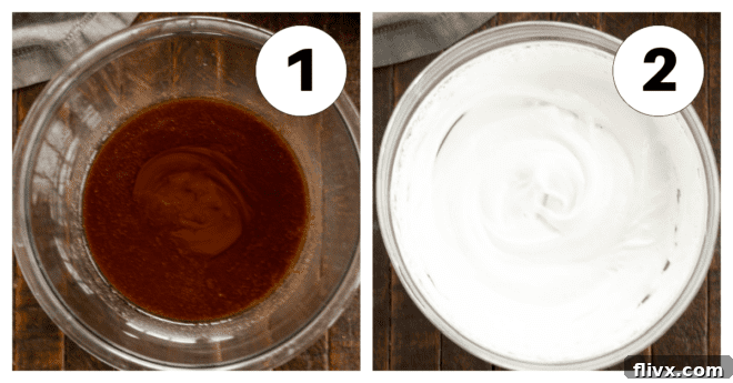 Process shots 1 and 2 for Torta Caprese: melting butter and chocolate, then whipping egg whites.