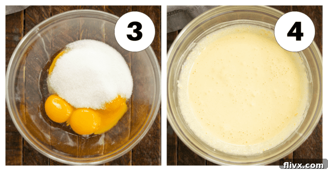 Process shots 3 and 4 for Torta Caprese: mixing egg yolks with sugar until pale, then adding chocolate mixture.