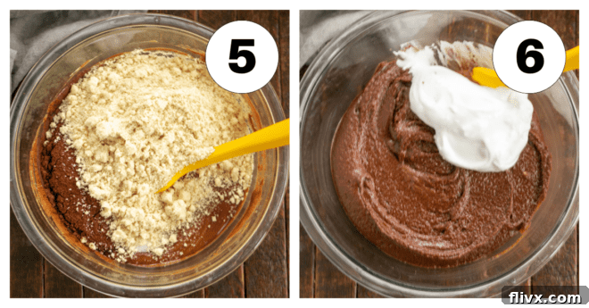 Process shots 5 and 6 for Torta Caprese: adding the chocolate mixture to egg whites, then folding.