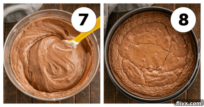 Process shots 7 and 8 for Torta Caprese: gently folding in egg whites and scraping batter into a prepared pan for baking.