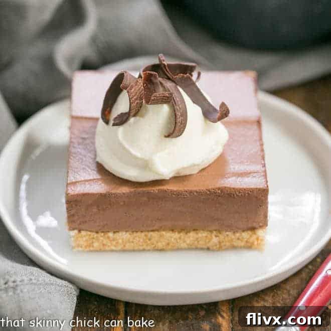 Easy chocolate mousse bars on a white plate with cream and chocolate shavings