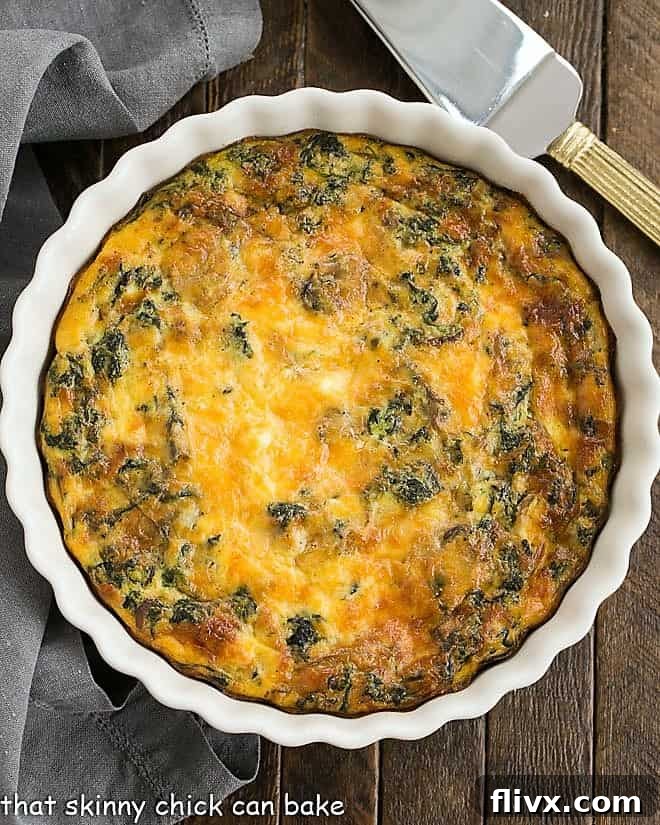 Overhead view of crustless spinach quiche.