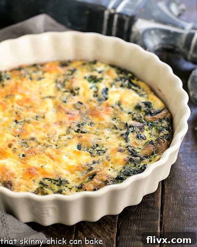 Crustless Spinach Quiche in a ceramic dish
