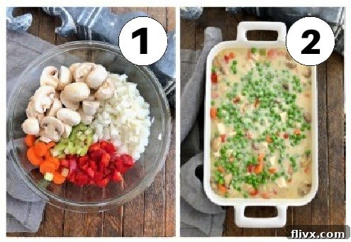Process shots 1, 2 for chicken pot pie. Filling ingredients and uncooked casserole dish.