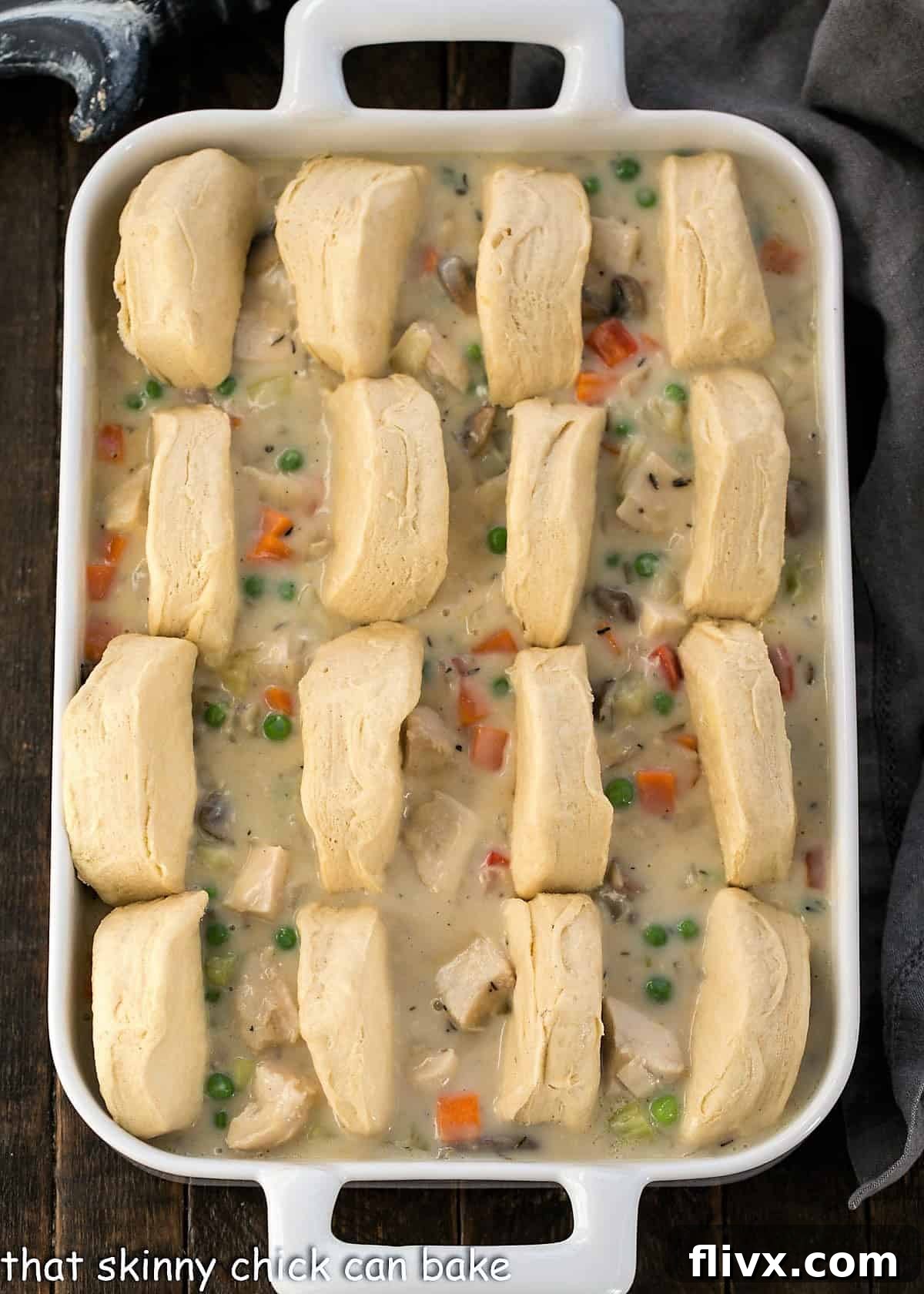 How to arrange cut biscuits on the pot pie.