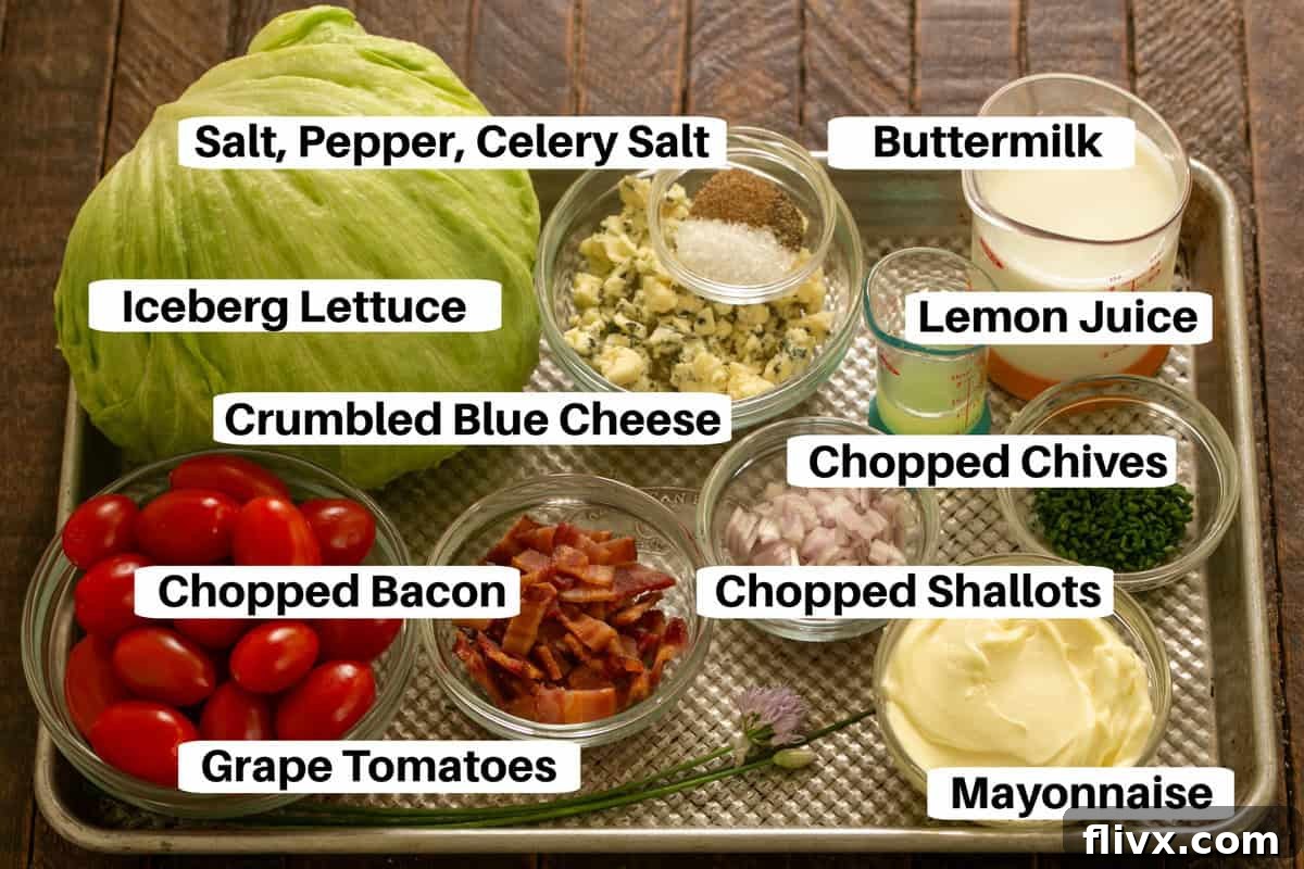 Wedge Salad Ingredients with labels on a metal sheet pan.