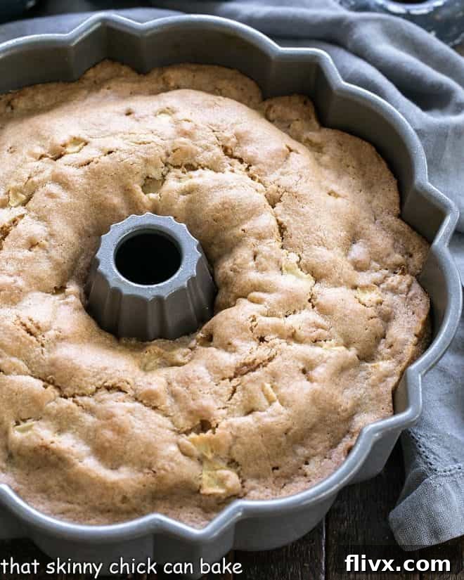 A warm, freshly baked Apple Bundt Cake, still in its Bundt pan, just out of the oven, showcasing its golden-brown crust and inviting aroma, ready to be cooled and enjoyed.