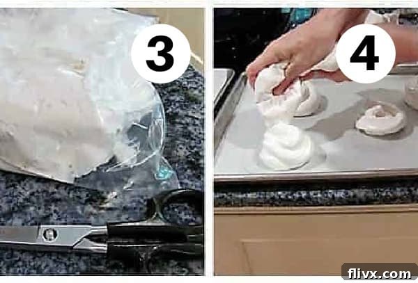 Process shots: Piping mini pavlova batter onto a baking sheet, creating wells for toppings