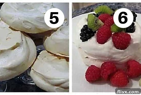 Finished, cooled mini pavlova shells and an image of them garnished with whipped cream and berries