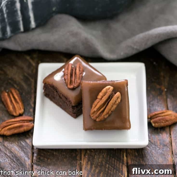 Two turtle brownies on a square white ceramic plate, ready to be enjoyed.