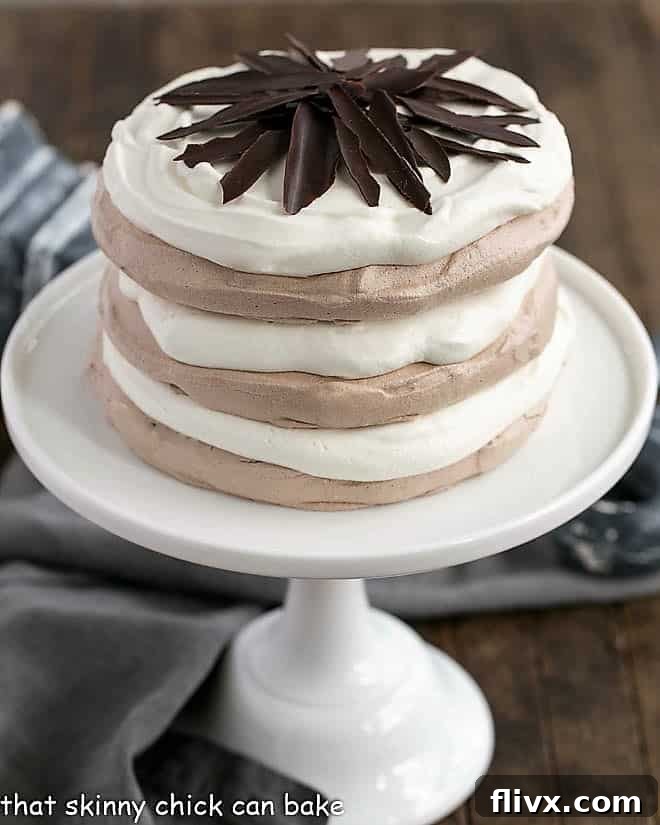 Side view of an elegantly tall Layered Chocolate Meringue Cake on a pristine white cake stand, showcasing its distinct layers and chocolate shard topping.