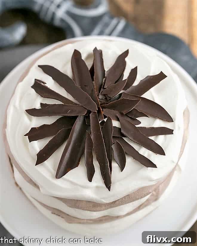 Overhead view of a beautifully decorated Layered Chocolate Meringue Cake, featuring its distinct layers and elegant chocolate shard topping.