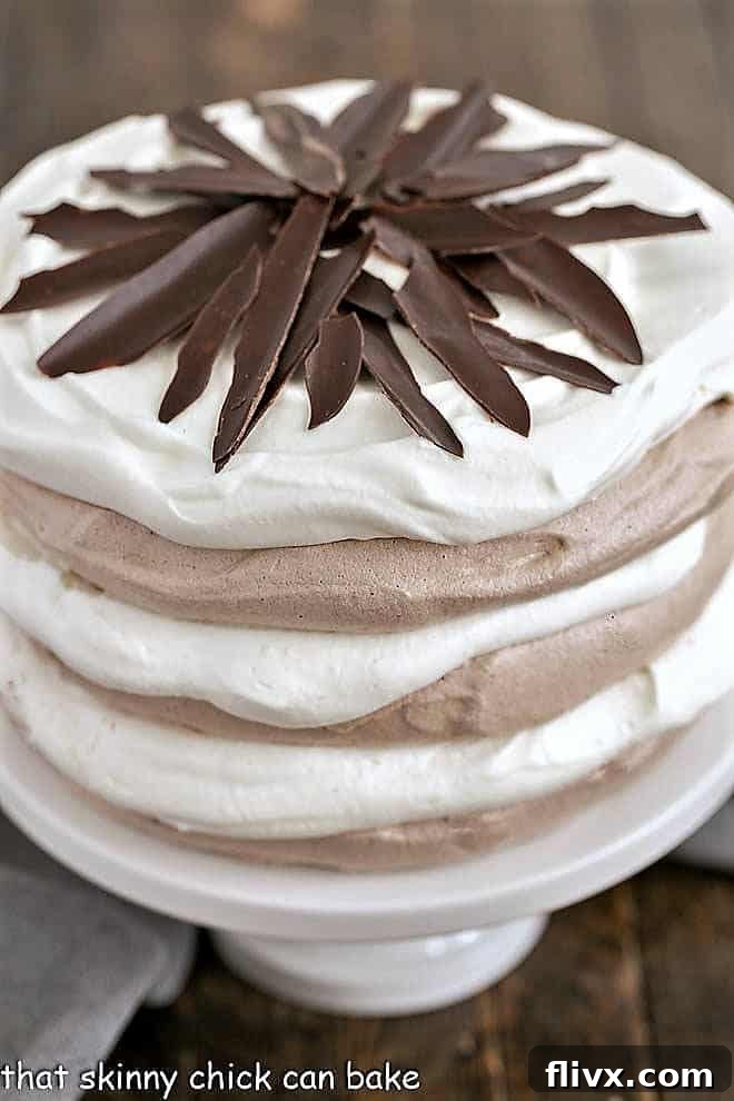 A close-up view of the luscious layers of the Layered Chocolate Meringue Cake, highlighting the creamy filling and crisp meringue.