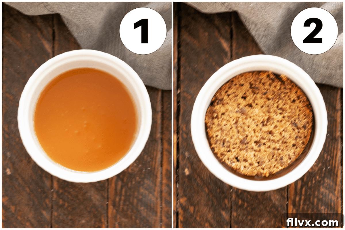 Process shots showing the assembly of sticky toffee pudding: cakes sliced and layered with caramel.