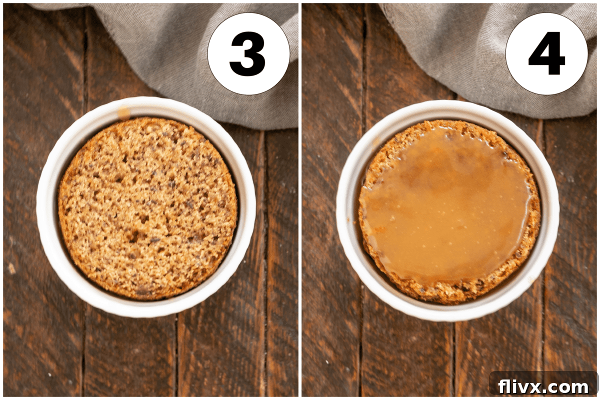 Further process shots for sticky toffee pudding, illustrating the final caramel drizzle and preparation for the second bake.