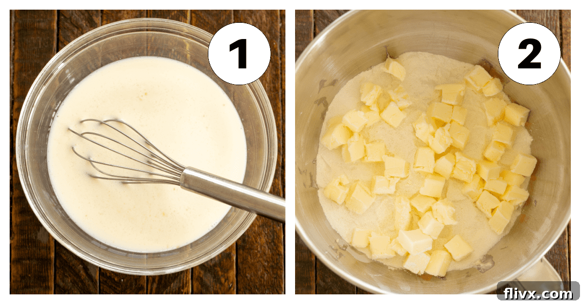 Sequential process shots for making White Layer Cake, labeled with steps 1 and 2, illustrating key preparation stages.