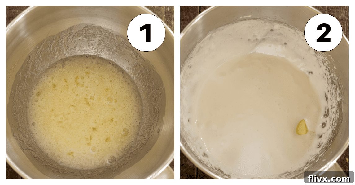 White Chocolate Swiss Meringue Buttercream creation process, showing initial steps 1 and 2, including heating egg whites and whipping meringue.