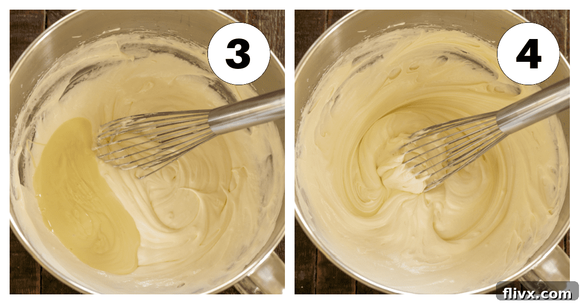 White Chocolate Swiss Meringue Buttercream Frosting process, detailing steps 3 and 4, involving butter incorporation and final mixing for a smooth finish.