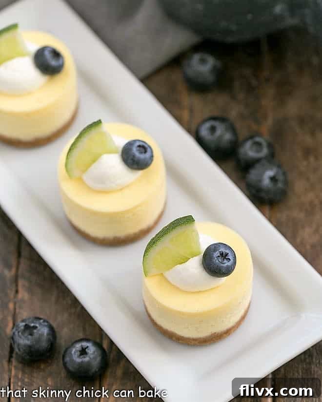 Mini Cheesecakes on a white rectangular tray viewed from above, ready for garnishing.