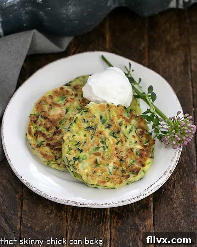 3 Zucchini Fritters on a white plate with herb garnish and sour cream
