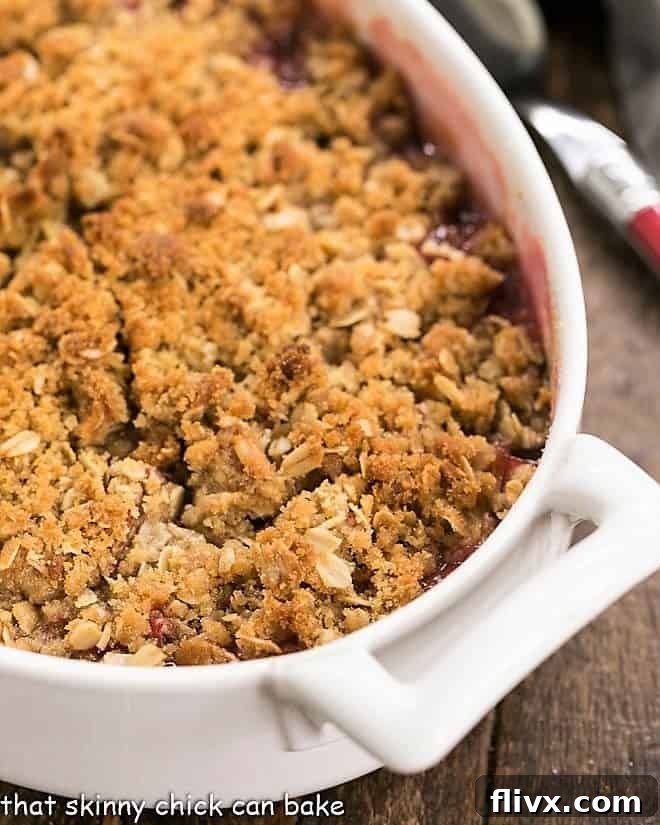 Close view of rhubarb crisp topping