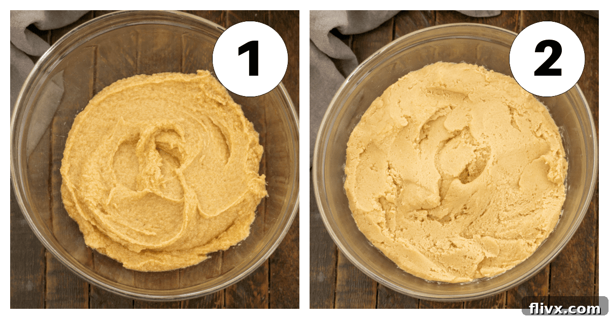 A visual guide showing two distinct stages of making Easter Egg Cookies: the initial mixing of dough ingredients and the incorporation of chocolate chips, illustrating the smooth transition between steps.