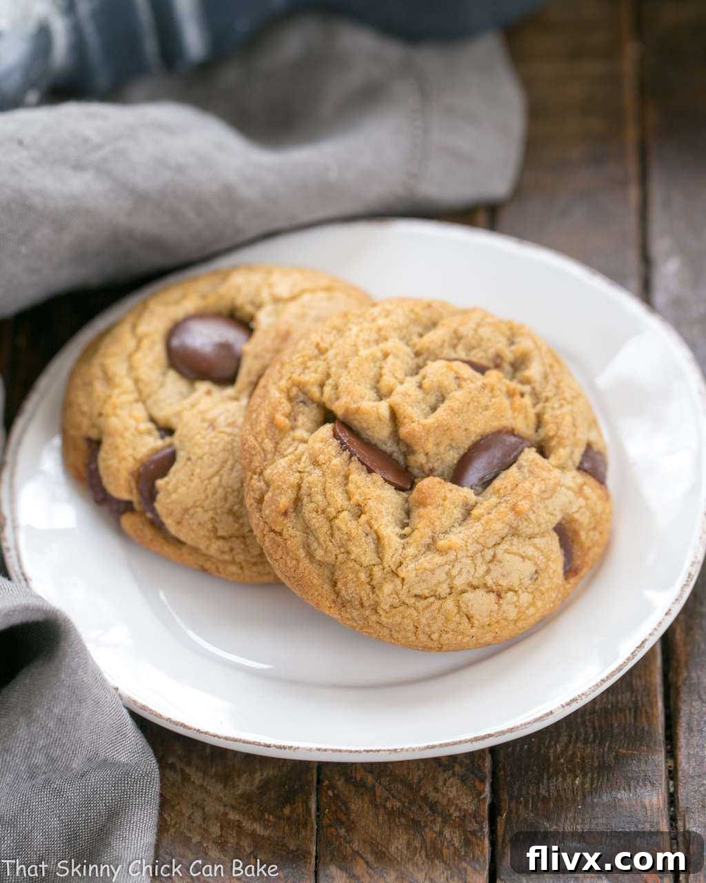 A delightful close-up of Brown Butter Chocolate Chip Cookies, golden and studded with rich chocolate, artfully arranged on a pristine white dessert plate.