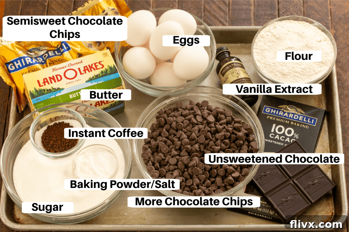 Sheet Pan Brownies Ingredients on a metal sheet pan with labels, illustrating the high-quality components used.