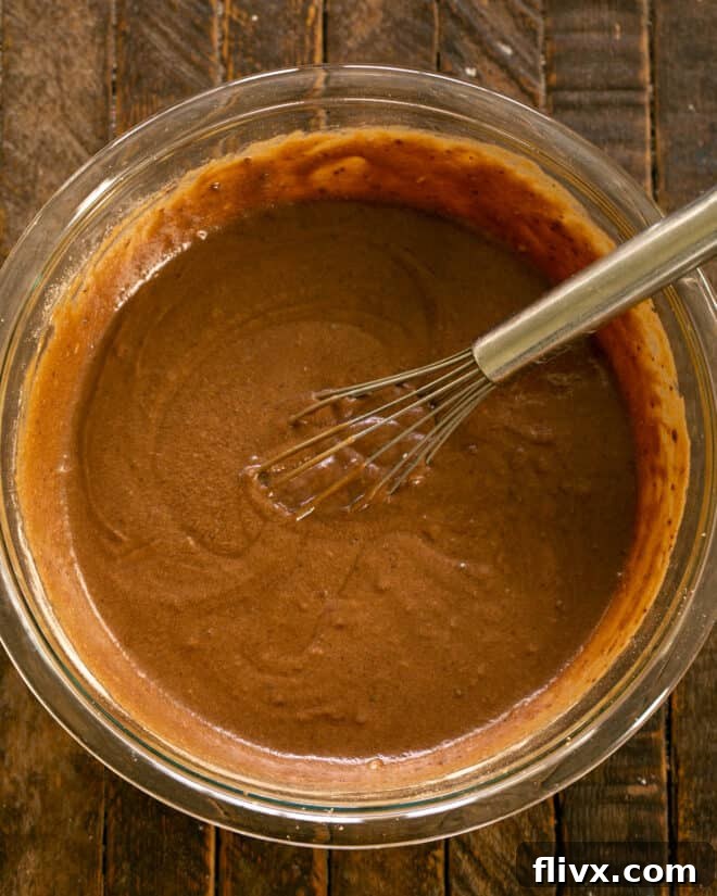 Step 4: Gently whisk in the dry ingredients (flour, cocoa, baking soda, salt) into the wet mixture until just combined.