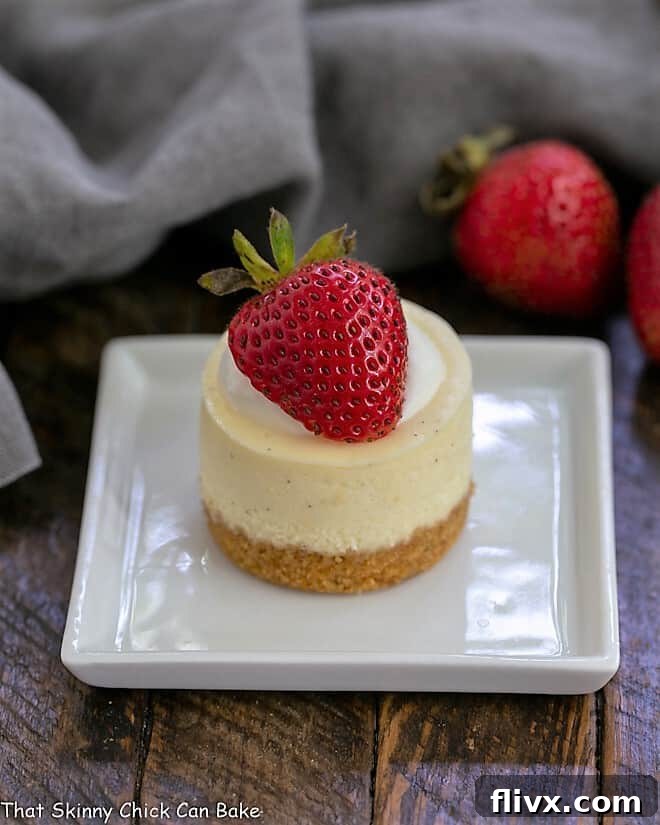 Mini Vanilla Bean Cheesecake on a small square white plate, showing the creamy texture and vanilla bean flecks.
