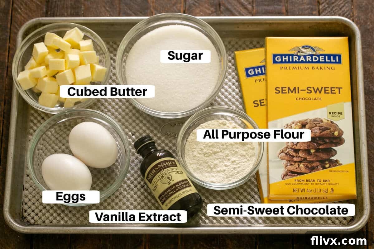 David Lebovitz's Decadent Fudgy Brownies 2 Fudgy brownies ingredients with labels including sugar, flour, butter, chocolate, vanilla, and eggs, neatly arranged on a sheet pan.