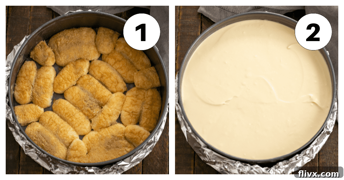 Tiramisu cheesecake process shots 1 and 2, showing ladyfingers being placed in a springform pan and then brushed with coffee.