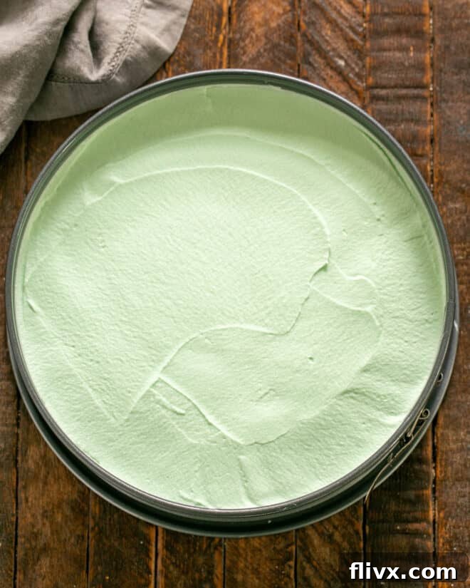 Grasshopper Oreo Freeze 7 Step 4: Gently folding in whipped cream, pouring the mixture over the crust, and preparing to freeze.