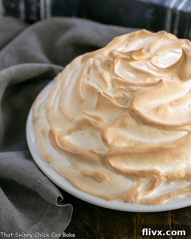 Side view of a perfectly portioned Brownie Baked Alaska in a pristine white pie plate, showcasing its distinct layers of fudgy brownie, creamy vanilla chocolate chip ice cream, and tall, toasted meringue.