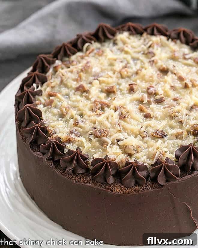Classic Homemade German Chocolate Cake with chocolate frosting, ready to be served.