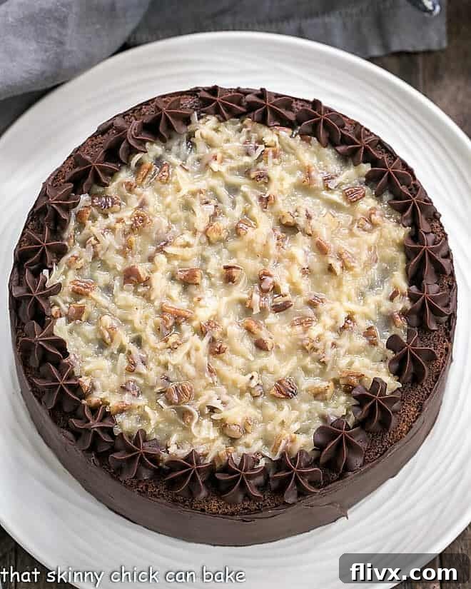 Overhead view of a beautifully decorated Classic German Chocolate Cake on a cake stand.