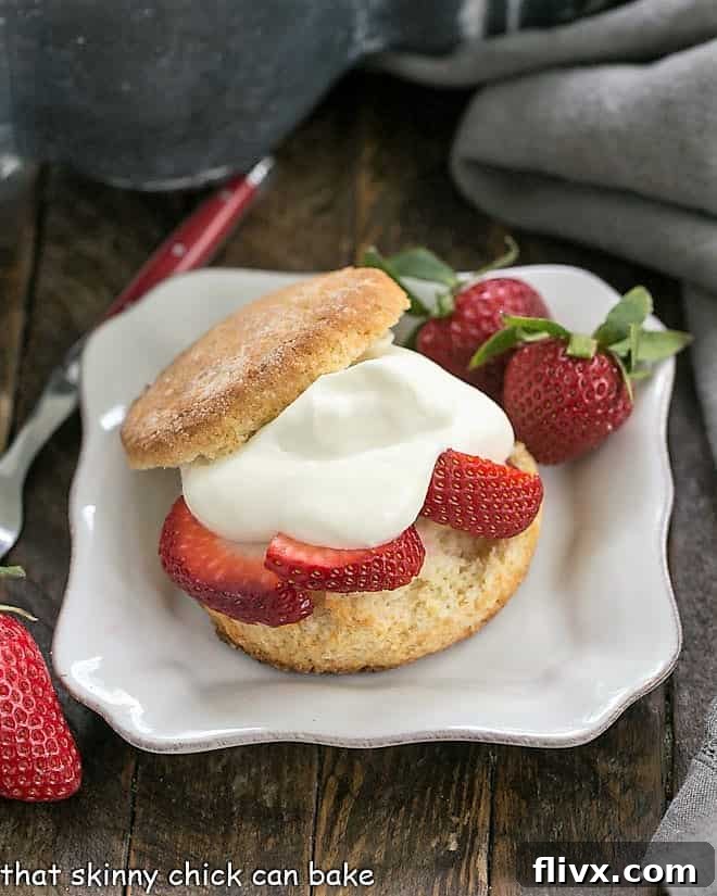 A close-up of Strawberry Shortcakes with White Chocolate Whipped Cream, artfully arranged on a square white plate, highlighting the rich textures.