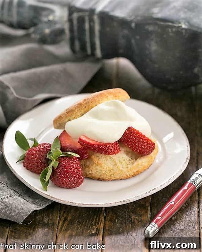 Delicious Strawberry Shortcakes with White Chocolate Whipped Cream on a pristine white plate, showcasing the layers of biscuit, berries, and cream.
