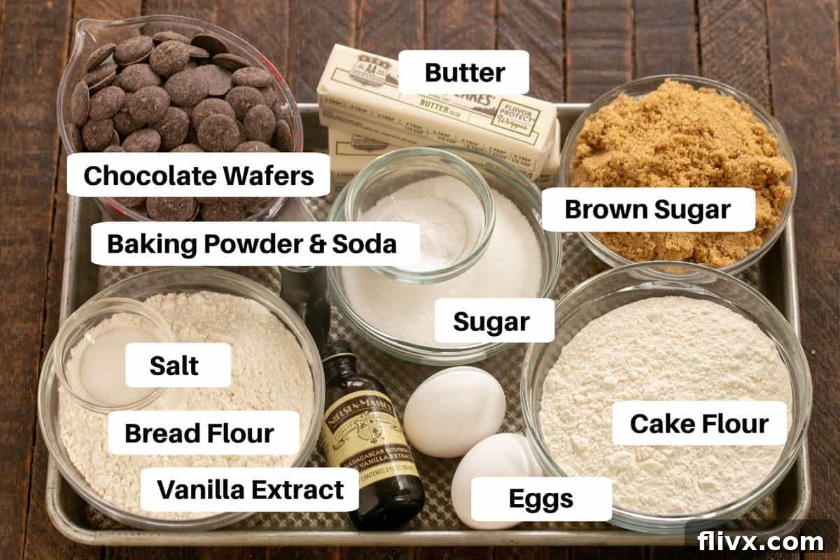 NYT Choc chip cookie ingredients with labels on a metal sheet pan, showcasing the unique flours and premium chocolate.
