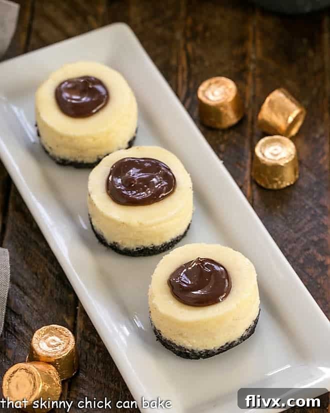 A selection of Mini Rolo Cheesecakes on a pristine white serving tray, showcasing their perfect size and inviting appearance.