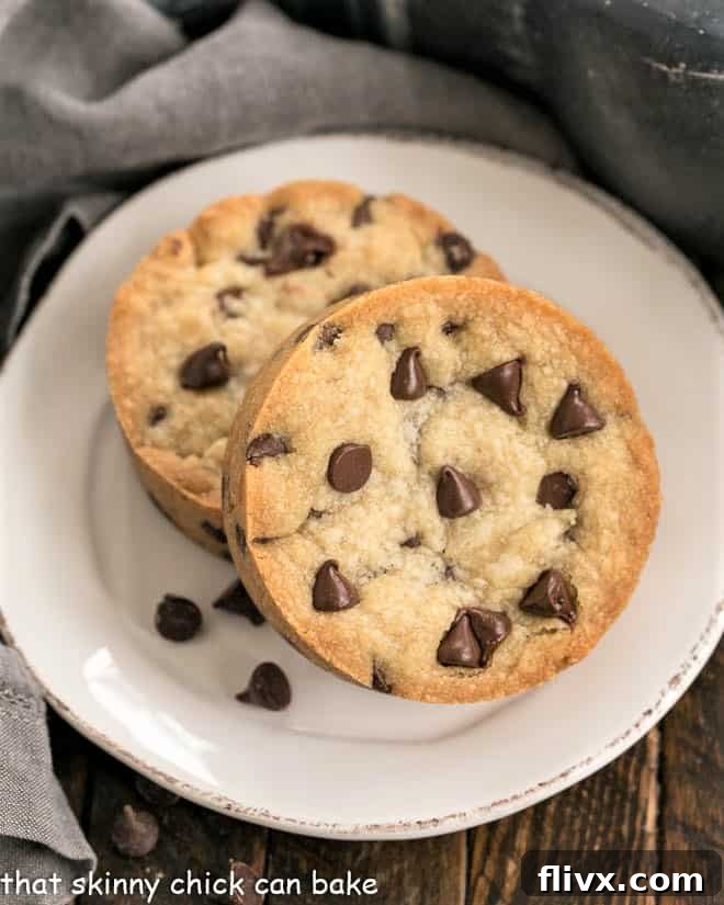Overhead view of two chocolate chip cookie bars on a round white plate with some stray chocolate chips.