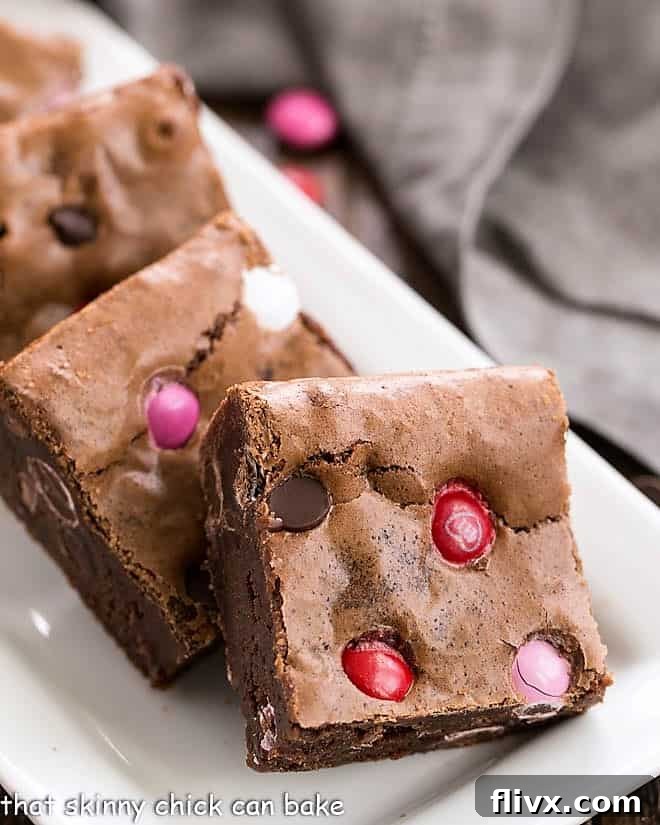Close up view of Fudgy Chocolate Brownies on a white tray