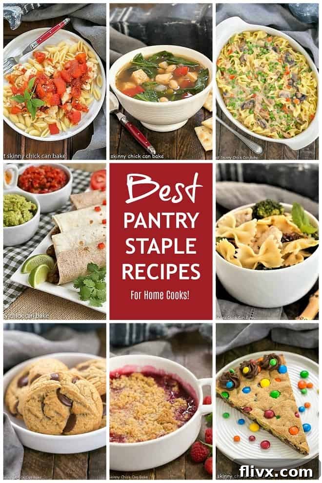 Best Pantry Staples recipes collage for pinterest, featuring various dishes made from common pantry items
